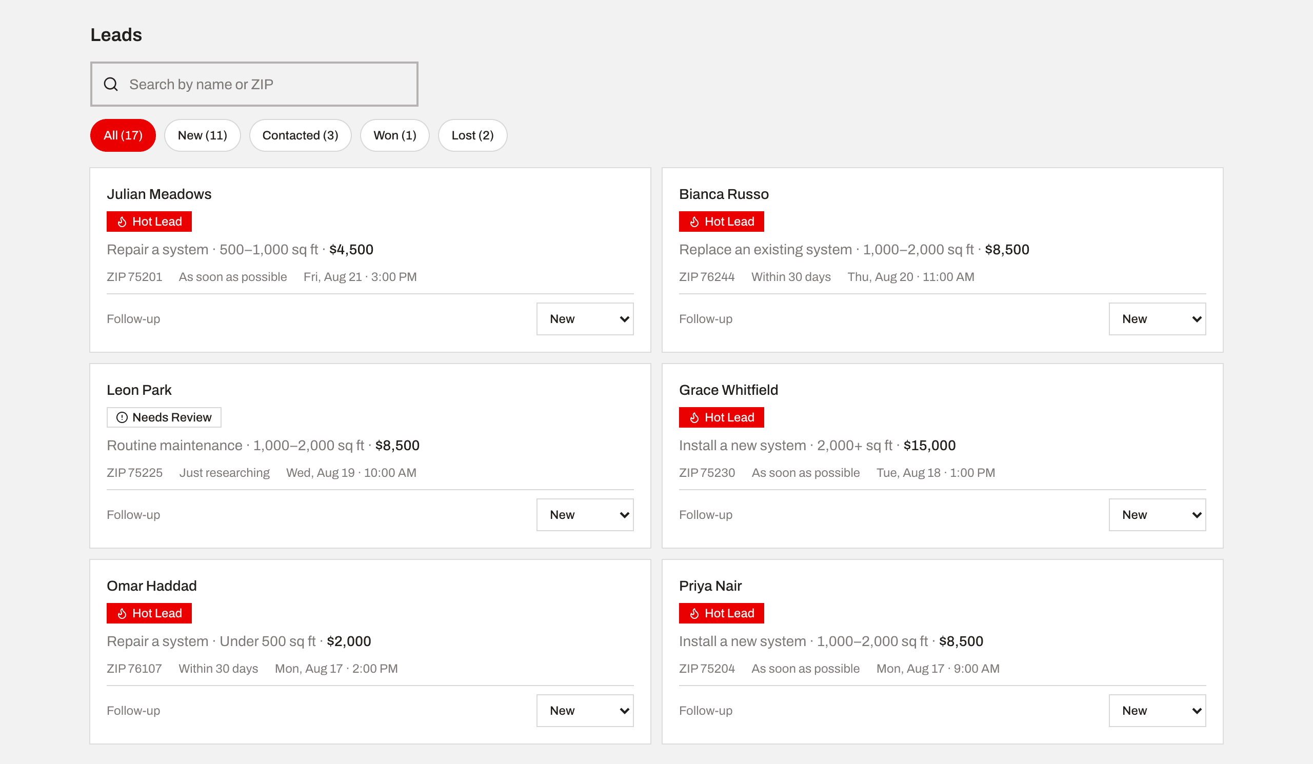 The leads list with a search bar, follow-up status filter pills (All, New, Contacted, Won, Lost), and lead cards showing name, qualification badge, project, and estimated value