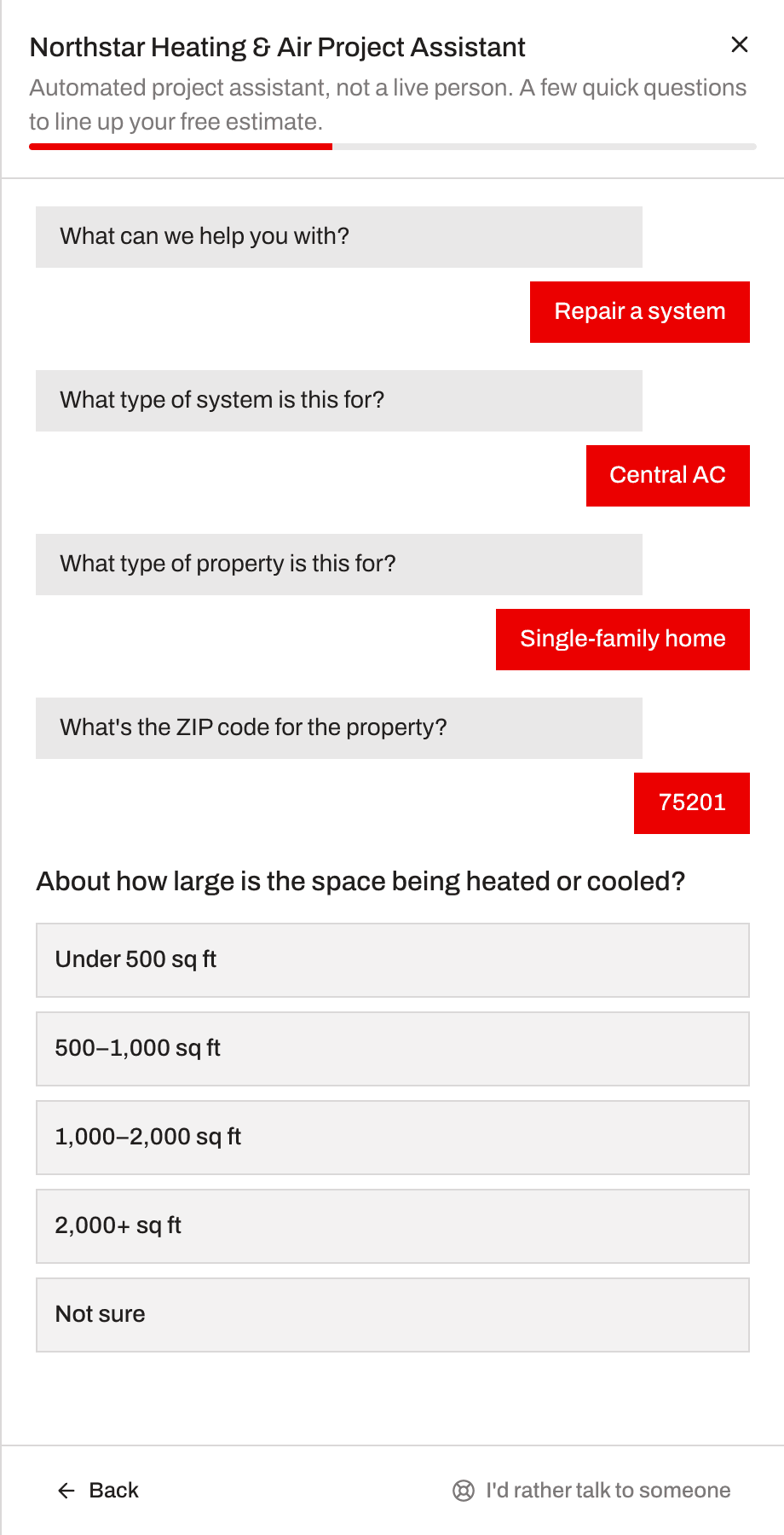 The qualifying assistant mid-conversation, branded to the business, asking about property type after the visitor selected a repair and central AC