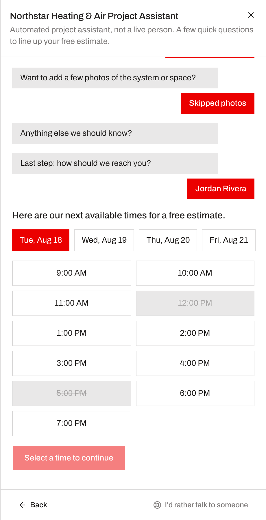 The scheduling screen showing available days and open appointment times for a visitor to pick from
