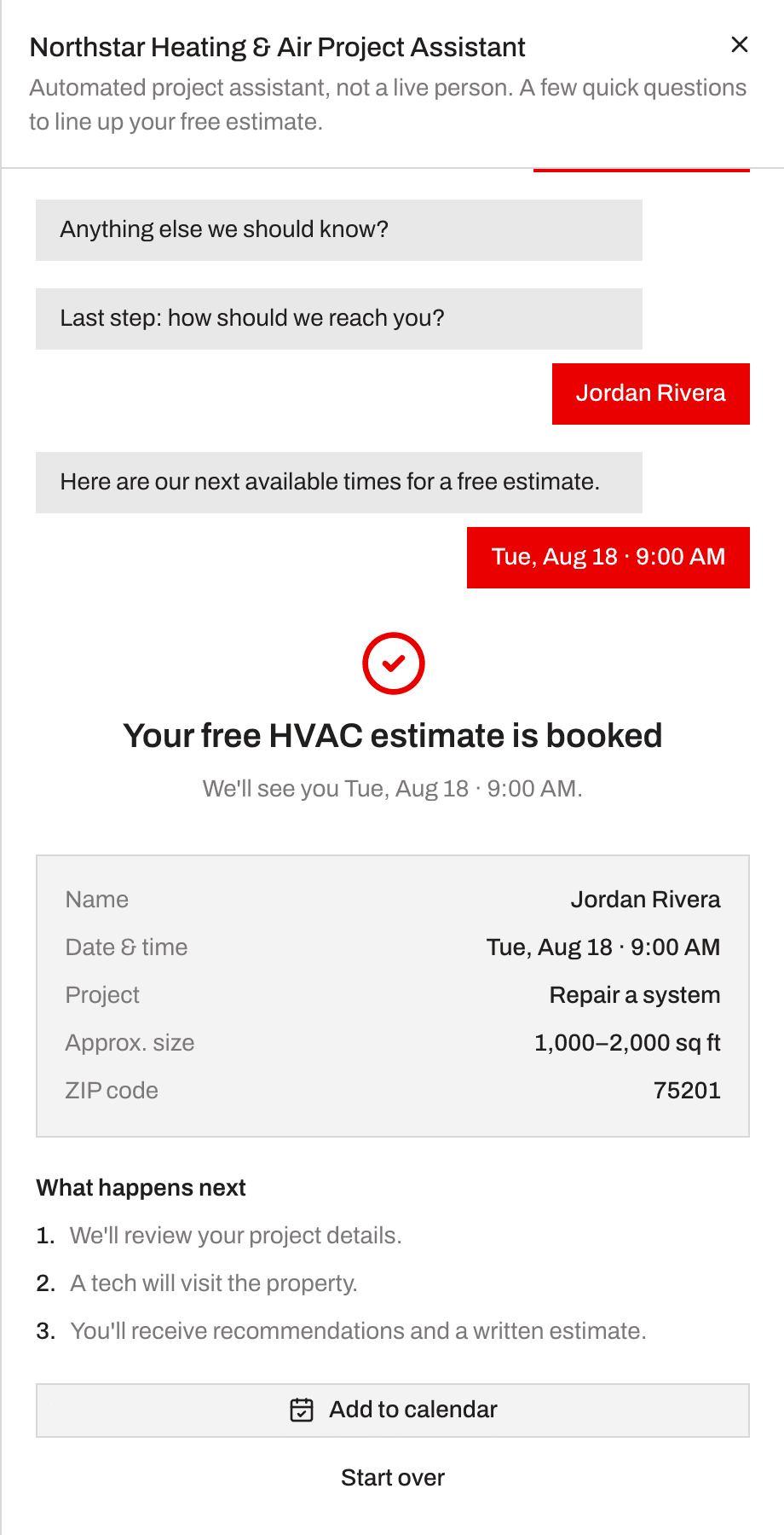The booking confirmation screen a visitor sees after picking an appointment time, with an add-to-calendar option