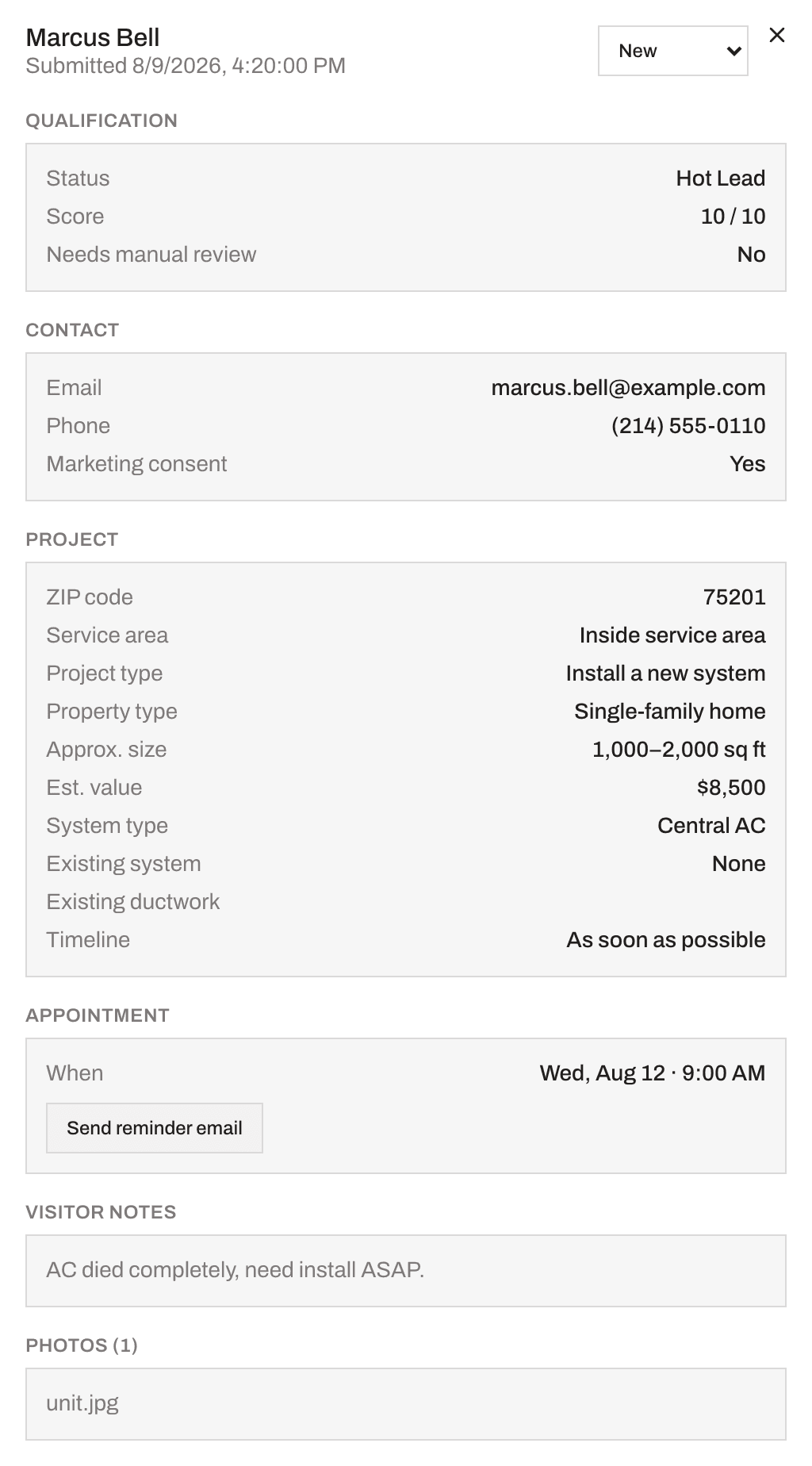 A single lead's detail view showing qualification score, contact info, full project details, appointment info with a one-click reminder button, and uploaded photos