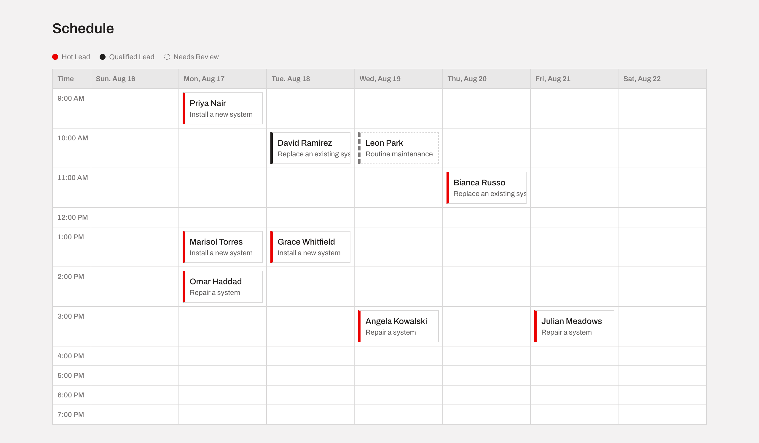 The full-week booking calendar showing every appointment slot from 9am to 8pm, with booked appointments color-coded by qualification status and a legend for Hot Lead, Qualified Lead, and Needs Review